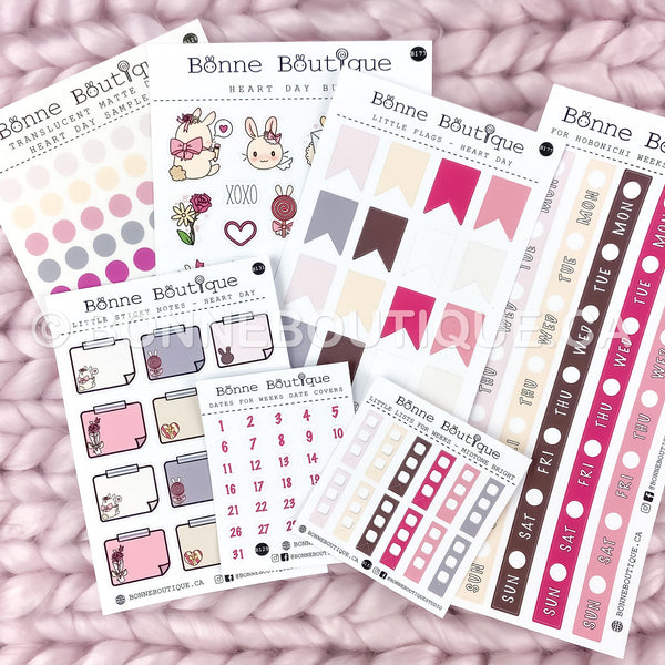 FEBRUARY HEART DAY Valentine's Collection - 7pc kit or Individual -Translucent Dots-Flags-Dates Dots-Weekly Strips Bunbuns Stickers