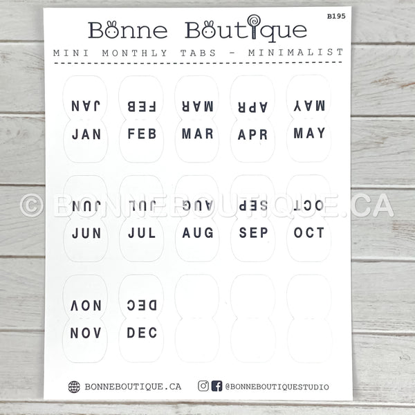 MINIMALIST Mini Monthly Tabs Stickers  - Night Font  Perforated Stickers