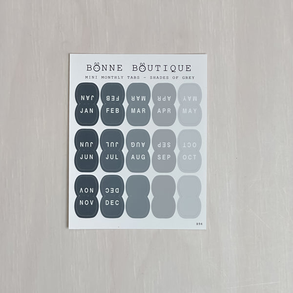 Mini Monthly Tabs Sticker Sheet - Shades of Grey