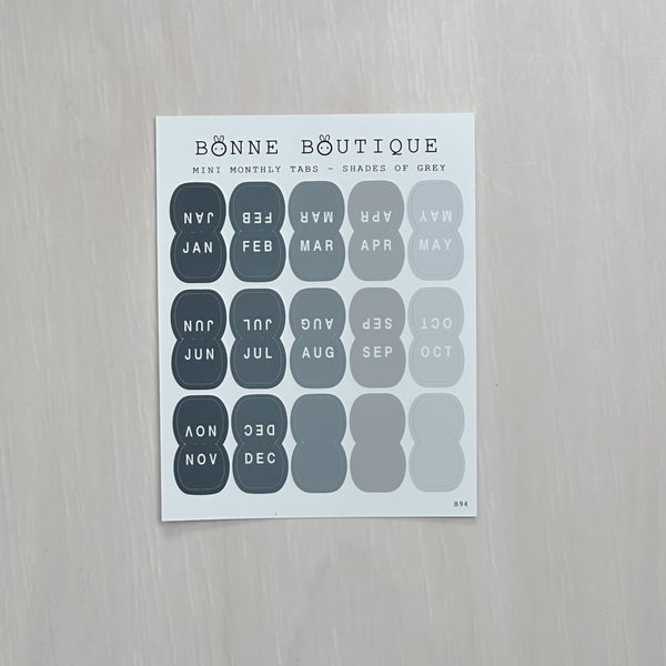 Mini Monthly Tabs Sticker Sheet - Shades of Grey