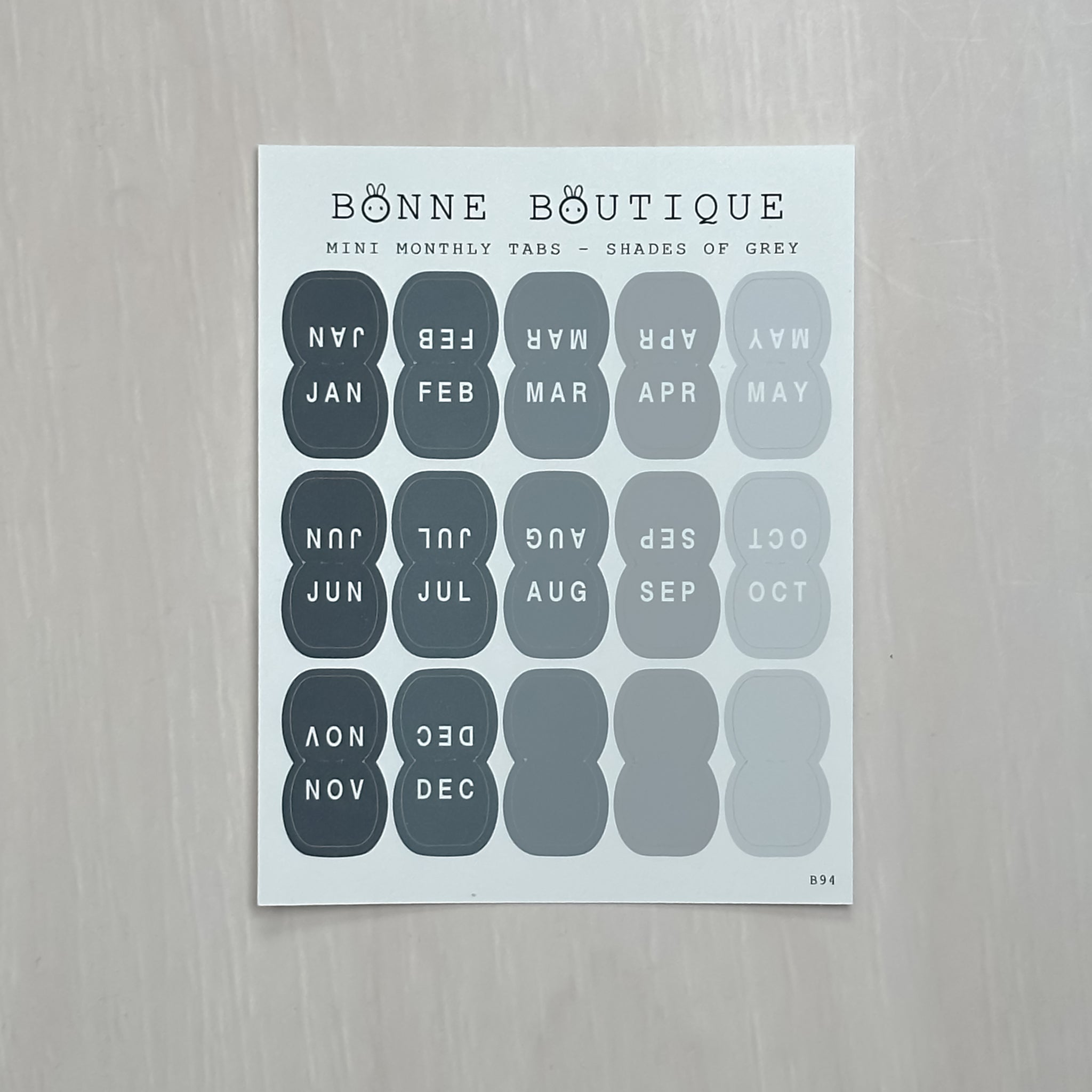 Mini Monthly Tabs Sticker Sheet - Shades of Grey