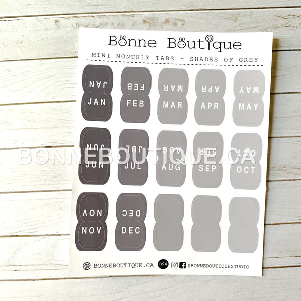 Mini Monthly Tabs Sticker Sheet - Shades of Grey