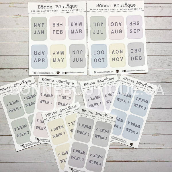 MEDIUM sized Tabs 1" wide - January to December Monthly Tabs  MUTED PASTEL Stickers
