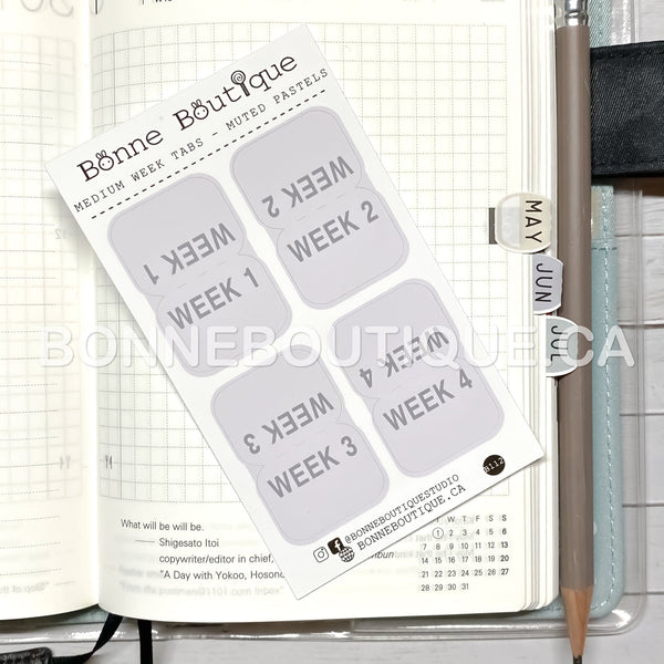 MEDIUM sized Tabs 1" wide - Week 1, Week 2, Week 3, Week 4 Tabs MUTED PASTEL Stickers