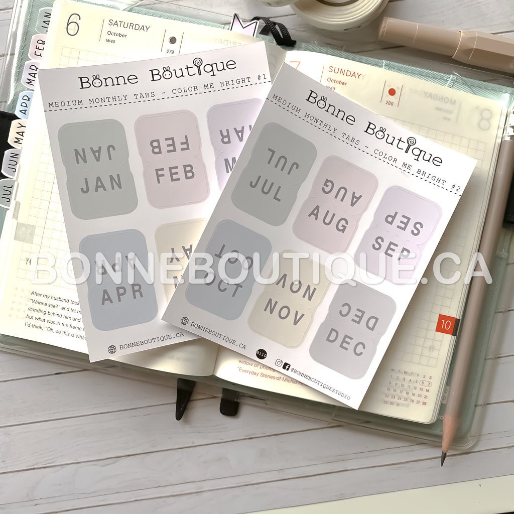 MEDIUM sized Tabs 1" wide - January to December Monthly Tabs  MUTED PASTEL Stickers