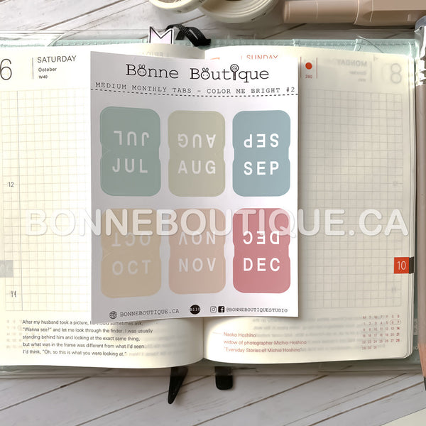 MEDIUM sized Tabs 1" wide - January to December Monthly Tabs MIDTONE BRIGHT  Stickers