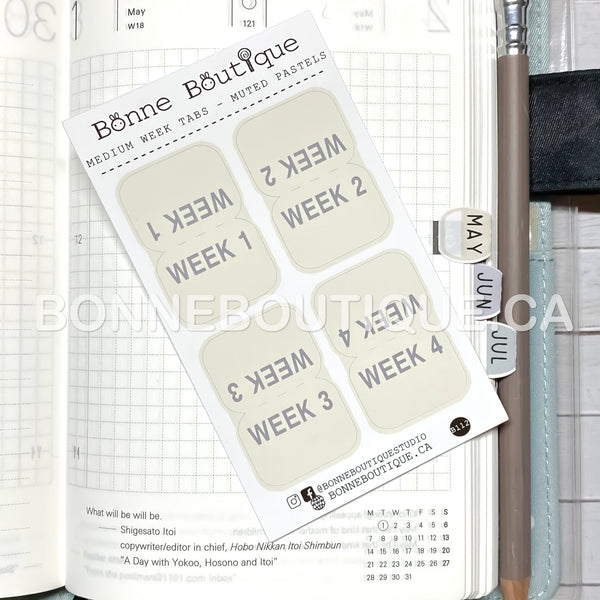 MEDIUM sized Tabs 1" wide - Week 1, Week 2, Week 3, Week 4 Tabs MUTED PASTEL Stickers