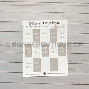 Mini Monthly Tabs Stickers- Classic BEIGE & WHITE - Color Inspiration Zig Zag White Perforated