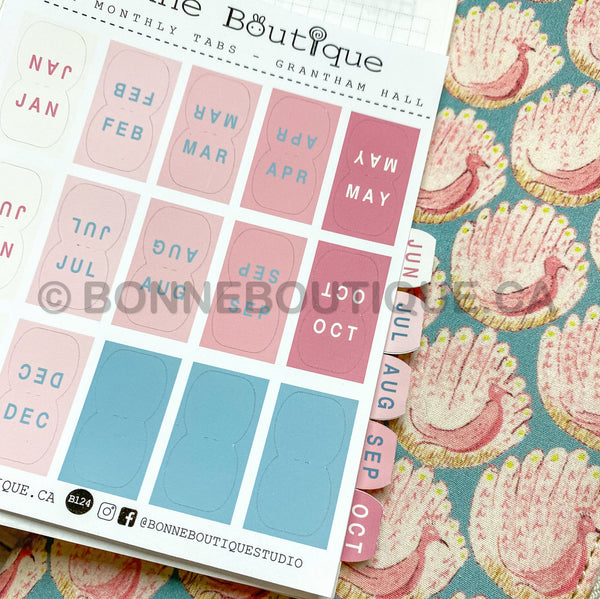 Mini Monthly Tabs Stickers  - Peacocks of Grantham Hall inspired colors Perforated