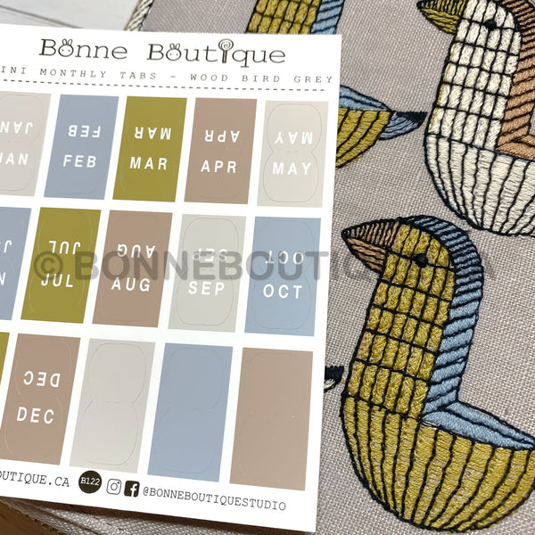 Mini Monthly Tabs Stickers - Inspired by Mina Perhonen - Wood Bird Gray Perforated