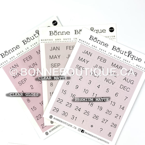 MINIMALIST MONTHS & DAYS - Medium Size  in Pink Grey Date Stickers