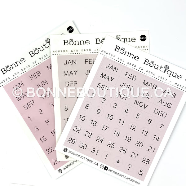 MINIMALIST MONTHS & DAYS - Medium Size  in Pink Grey Date Stickers