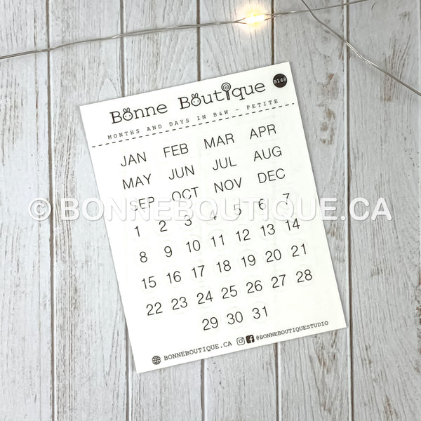 MINIMALIST MONTHS & DAYS - Petite Size  in Black/White Date Stickers