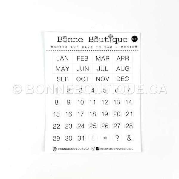 MINIMALIST MONTHS & DAYS - Medium Size in White/Black Date Stickers