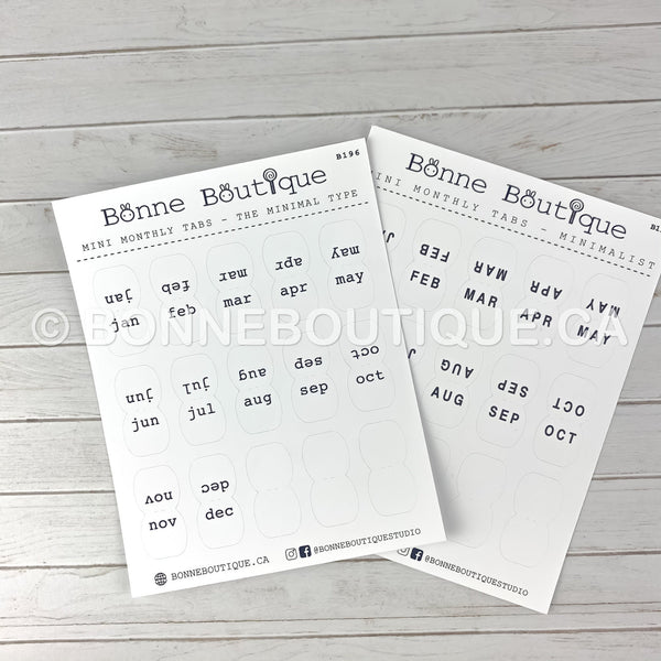 MINIMALIST Mini Monthly Tabs Stickers  - Night Font  Perforated Stickers